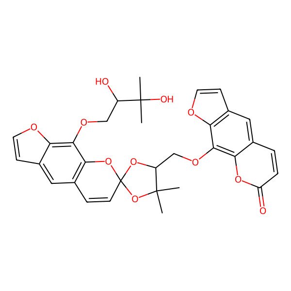 2D Structure of 9-[[(2S,4R)-9'-[(2R)-2,3-dihydroxy-3-methylbutoxy]-5,5-dimethylspiro[1,3-dioxolane-2,7'-furo[3,2-g]chromene]-4-yl]methoxy]furo[3,2-g]chromen-7-one