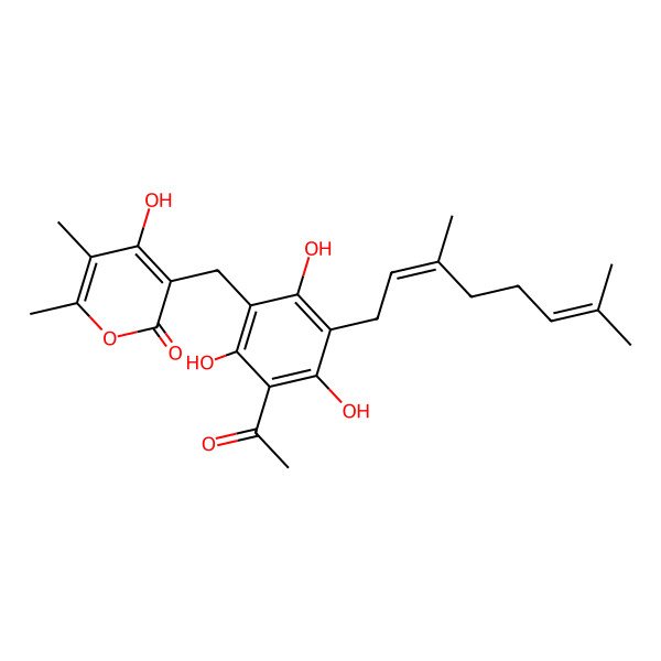 2D Structure of 3-[[3-Acetyl-5-(3,7-dimethylocta-2,6-dienyl)-2,4,6-trihydroxyphenyl]methyl]-4-hydroxy-5,6-dimethylpyran-2-one