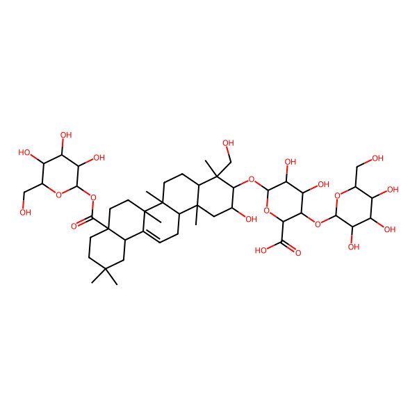 2D Structure of (2S,3S,4R,5R,6R)-6-[[(2S,3R,4R,4aR,6aR,6bS,8aS,12aS,14aR,14bR)-2-hydroxy-4-(hydroxymethyl)-4,6a,6b,11,11,14b-hexamethyl-8a-[(2S,3R,4S,5S,6R)-3,4,5-trihydroxy-6-(hydroxymethyl)oxan-2-yl]oxycarbonyl-1,2,3,4a,5,6,7,8,9,10,12,12a,14,14a-tetradecahydropicen-3-yl]oxy]-4,5-dihydroxy-3-[(2S,3R,4S,5R,6R)-3,4,5-trihydroxy-6-(hydroxymethyl)oxan-2-yl]oxyoxane-2-carboxylic acid