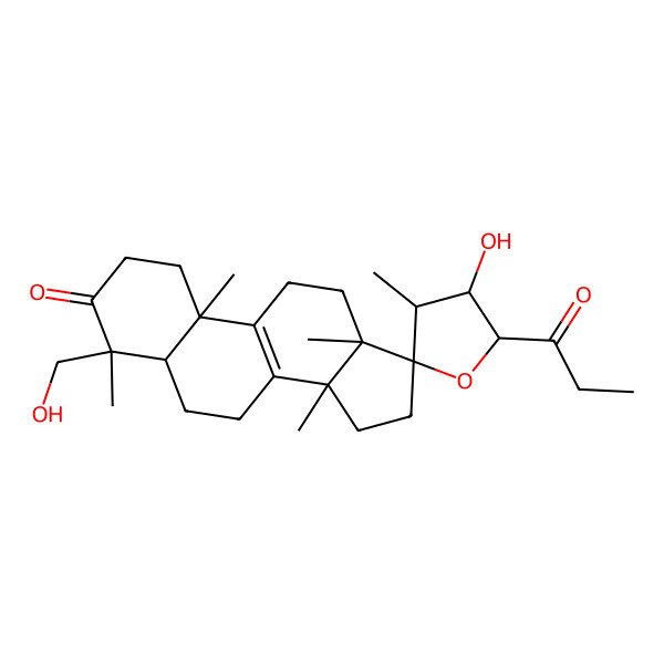 2D Structure of (3'R,4S,4'R,5R,5'S,10S,13S,14S,17S)-4'-hydroxy-4-(hydroxymethyl)-3',4,10,13,14-pentamethyl-5'-propanoylspiro[2,5,6,7,11,12,15,16-octahydro-1H-cyclopenta[a]phenanthrene-17,2'-oxolane]-3-one