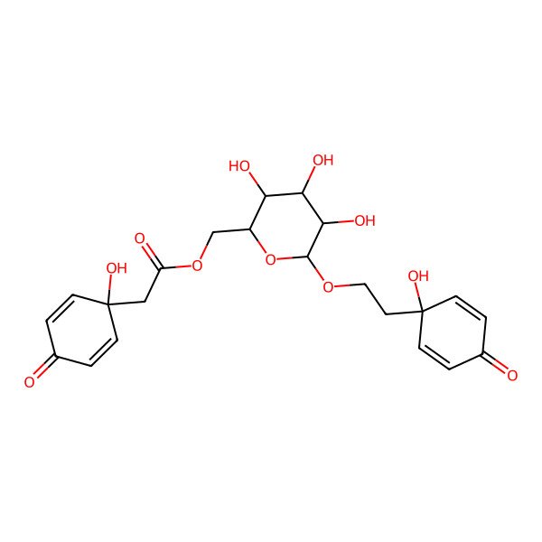 2D Structure of [(2R,3R,4S,5R,6R)-3,4,5-trihydroxy-6-[2-(1-hydroxy-4-oxocyclohexa-2,5-dien-1-yl)ethoxy]oxan-2-yl]methyl 2-(1-hydroxy-4-oxocyclohexa-2,5-dien-1-yl)acetate