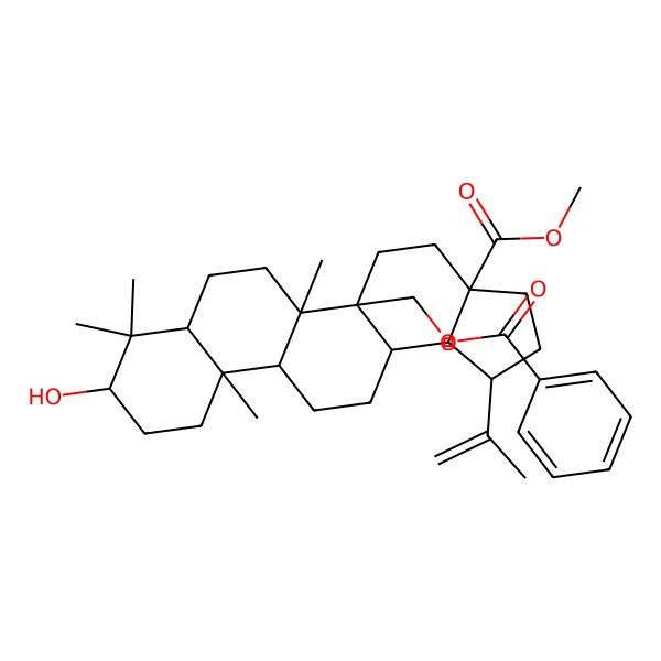 2D Structure of methyl (1R,3aS,5aS,5bR,7aR,9S,11aR,11bR,13aR,13bR)-5a-(benzoyloxymethyl)-9-hydroxy-5b,8,8,11a-tetramethyl-1-prop-1-en-2-yl-1,2,3,4,5,6,7,7a,9,10,11,11b,12,13,13a,13b-hexadecahydrocyclopenta[a]chrysene-3a-carboxylate