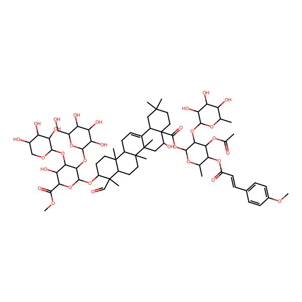 2D Structure of methyl (2S,3S,4S,5R,6R)-6-[[(3S,4S,4aR,6aR,6bS,8R,8aR,12aS,14aR,14bR)-8a-[(2S,3R,4S,5S,6R)-4-acetyloxy-5-[(E)-3-(4-methoxyphenyl)prop-2-enoyl]oxy-6-methyl-3-[(2S,3R,4R,5R,6S)-3,4,5-trihydroxy-6-methyloxan-2-yl]oxyoxan-2-yl]oxycarbonyl-4-formyl-8-hydroxy-4,6a,6b,11,11,14b-hexamethyl-1,2,3,4a,5,6,7,8,9,10,12,12a,14,14a-tetradecahydropicen-3-yl]oxy]-3-hydroxy-5-[(2S,3R,4S,5S,6R)-3,4,5-trihydroxy-6-(hydroxymethyl)oxan-2-yl]oxy-4-[(2S,3R,4S,5R)-3,4,5-trihydroxyoxan-2-yl]oxyoxane-2-carboxylate