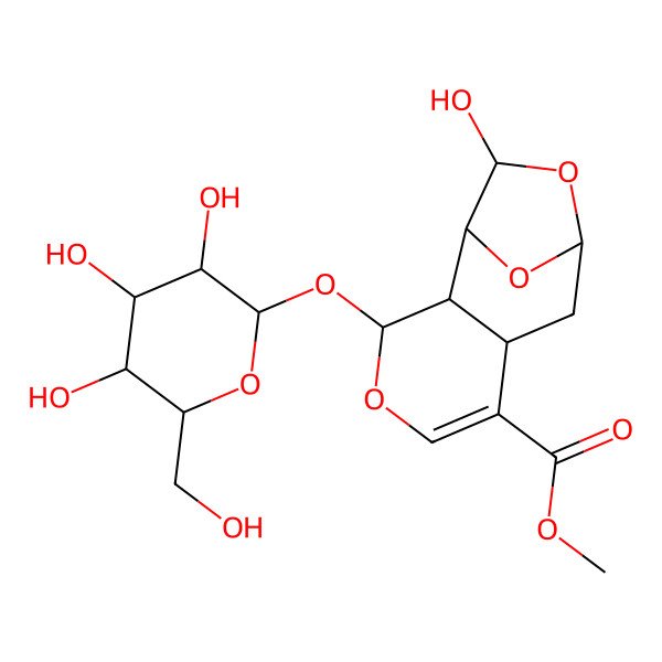 2D Structure of methyl (1S,2S,3S,7S,9S,11R)-11-hydroxy-3-[(2R,3S,4R,5R,6S)-3,4,5-trihydroxy-6-(hydroxymethyl)oxan-2-yl]oxy-4,10,12-trioxatricyclo[7.2.1.02,7]dodec-5-ene-6-carboxylate