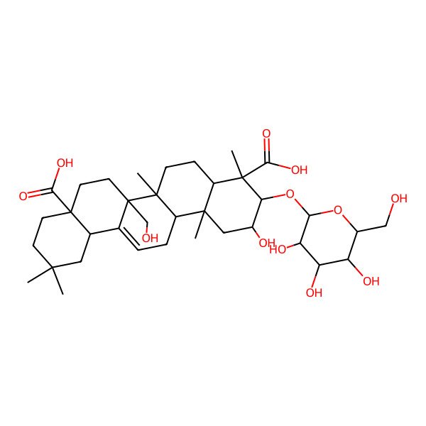 2D Structure of (2S,3R,4S,4aR,6aR,6bR,8aS,12aR,14aR,14bR)-2-hydroxy-6b-(hydroxymethyl)-4,6a,11,11,14b-pentamethyl-3-[(2R,3R,4S,5S,6R)-3,4,5-trihydroxy-6-(hydroxymethyl)oxan-2-yl]oxy-1,2,3,4a,5,6,7,8,9,10,12,12a,14,14a-tetradecahydropicene-4,8a-dicarboxylic acid
