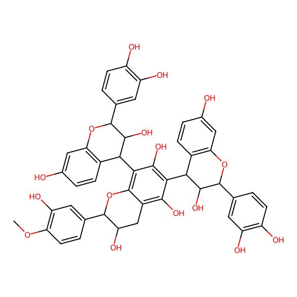 2D Structure of (2R,3S)-6,8-bis[(2R,3S,4S)-2-(3,4-dihydroxyphenyl)-3,7-dihydroxy-3,4-dihydro-2H-chromen-4-yl]-2-(3-hydroxy-4-methoxyphenyl)-3,4-dihydro-2H-chromene-3,5,7-triol
