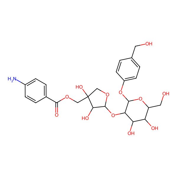 2D Structure of [5-[4,5-Dihydroxy-6-(hydroxymethyl)-2-[4-(hydroxymethyl)phenoxy]oxan-3-yl]oxy-3,4-dihydroxyoxolan-3-yl]methyl 4-aminobenzoate