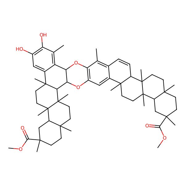 2D Structure of dimethyl (3S,4R,5R,8S,11R,13R,14S,17R,24R,31R,32R,35S,38R,40R,41S,44R)-20,21-dihydroxy-5,8,11,14,17,22,27,32,35,38,41,44-dodecamethyl-2,25-dioxaundecacyclo[24.20.0.03,24.04,17.05,14.08,13.018,23.028,45.031,44.032,41.035,40]hexatetraconta-1(26),18,20,22,27,29,45-heptaene-11,38-dicarboxylate