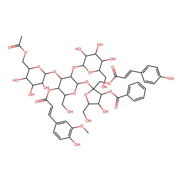 2D Structure of [2-[4-[6-(Acetyloxymethyl)-3,4,5-trihydroxyoxan-2-yl]oxy-5-[3-(4-hydroxy-3-methoxyphenyl)prop-2-enoyloxy]-6-(hydroxymethyl)-3-[3,4,5-trihydroxy-6-(hydroxymethyl)oxan-2-yl]oxyoxan-2-yl]oxy-4-hydroxy-5-(hydroxymethyl)-2-[3-(4-hydroxyphenyl)prop-2-enoyloxymethyl]oxolan-3-yl] benzoate