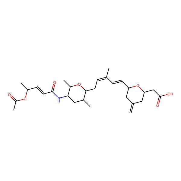 2D Structure of 2-[6-[5-[5-(4-Acetyloxypent-2-enoylamino)-3,6-dimethyloxan-2-yl]-3-methylpenta-1,3-dienyl]-4-methylideneoxan-2-yl]acetic acid