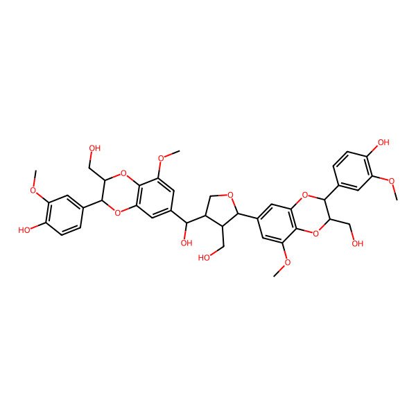 2D Structure of 4-[7-[4-[Hydroxy-[2-(4-hydroxy-3-methoxyphenyl)-3-(hydroxymethyl)-5-methoxy-2,3-dihydro-1,4-benzodioxin-7-yl]methyl]-3-(hydroxymethyl)oxolan-2-yl]-3-(hydroxymethyl)-5-methoxy-2,3-dihydro-1,4-benzodioxin-2-yl]-2-methoxyphenol