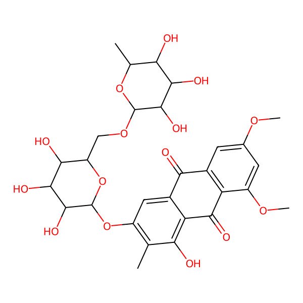 2D Structure of 1-hydroxy-6,8-dimethoxy-2-methyl-3-[(2R,3S,4R,5R,6S)-3,4,5-trihydroxy-6-[[(2S,3S,4S,5S,6R)-3,4,5-trihydroxy-6-methyloxan-2-yl]oxymethyl]oxan-2-yl]oxyanthracene-9,10-dione