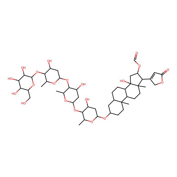 2D Structure of [14-hydroxy-3-[4-hydroxy-5-[4-hydroxy-5-[4-hydroxy-6-methyl-5-[3,4,5-trihydroxy-6-(hydroxymethyl)oxan-2-yl]oxyoxan-2-yl]oxy-6-methyloxan-2-yl]oxy-6-methyloxan-2-yl]oxy-10,13-dimethyl-17-(5-oxo-2H-furan-3-yl)-1,2,3,4,5,6,7,8,9,11,12,15,16,17-tetradecahydrocyclopenta[a]phenanthren-16-yl] formate