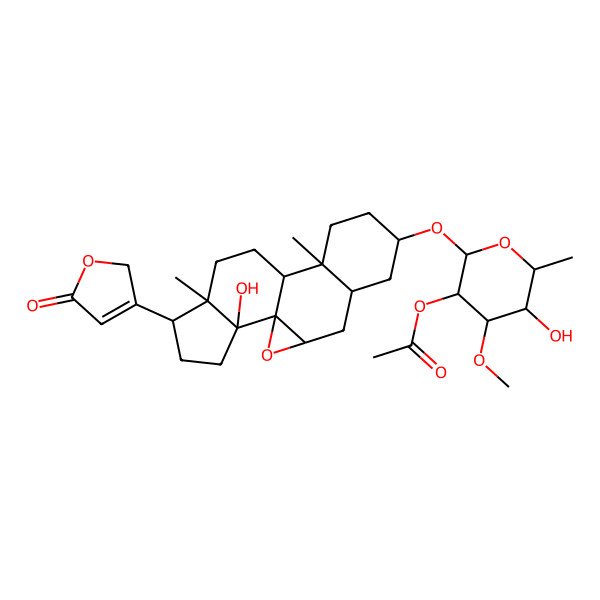 2D Structure of [5-hydroxy-2-[[18-hydroxy-10,14-dimethyl-15-(5-oxo-2H-furan-3-yl)-2-oxapentacyclo[9.7.0.01,3.05,10.014,18]octadecan-7-yl]oxy]-4-methoxy-6-methyloxan-3-yl] acetate