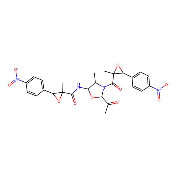2D Structure of N-[2-acetyl-4-methyl-3-[2-methyl-3-(4-nitrophenyl)oxirane-2-carbonyl]-1,3-oxazolidin-5-yl]-2-methyl-3-(4-nitrophenyl)oxirane-2-carboxamide