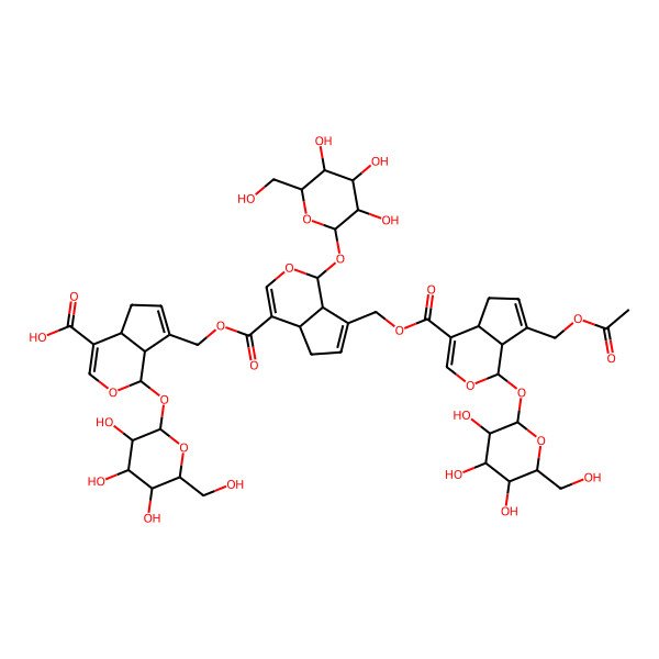2D Structure of 7-[[7-[[7-(Acetyloxymethyl)-1-[3,4,5-trihydroxy-6-(hydroxymethyl)oxan-2-yl]oxy-1,4a,5,7a-tetrahydrocyclopenta[c]pyran-4-carbonyl]oxymethyl]-1-[3,4,5-trihydroxy-6-(hydroxymethyl)oxan-2-yl]oxy-1,4a,5,7a-tetrahydrocyclopenta[c]pyran-4-carbonyl]oxymethyl]-1-[3,4,5-trihydroxy-6-(hydroxymethyl)oxan-2-yl]oxy-1,4a,5,7a-tetrahydrocyclopenta[c]pyran-4-carboxylic acid