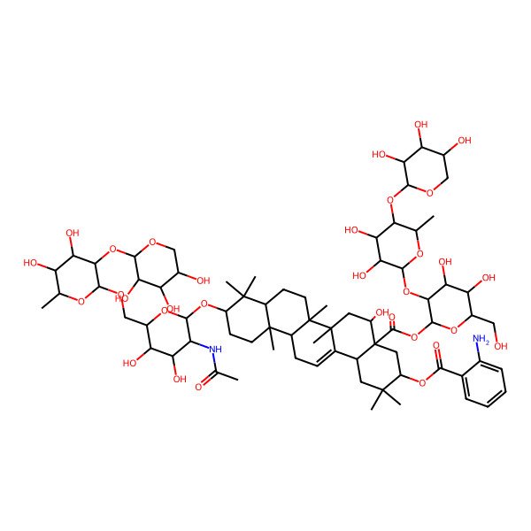2D Structure of [(2S,3R,4S,5S,6S)-3-[(2S,3S,4S,5R,6S)-3,4-dihydroxy-6-methyl-5-[(2S,3R,4S,5R)-3,4,5-trihydroxyoxan-2-yl]oxyoxan-2-yl]oxy-4,5-dihydroxy-6-(hydroxymethyl)oxan-2-yl] (3S,4aR,5R,6aR,6aS,6bR,8aR,10S,12aR,14bS)-10-[(2R,3R,4R,5S,6S)-3-acetamido-6-[[(2R,3R,4S,5R,6R)-4,5-dihydroxy-6-methyl-3-[(2S,3R,4S,5R)-3,4,5-trihydroxyoxan-2-yl]oxyoxan-2-yl]oxymethyl]-4,5-dihydroxyoxan-2-yl]oxy-3-(2-aminobenzoyl)oxy-5-hydroxy-2,2,6a,6b,9,9,12a-heptamethyl-1,3,4,5,6,6a,7,8,8a,10,11,12,13,14b-tetradecahydropicene-4a-carboxylate