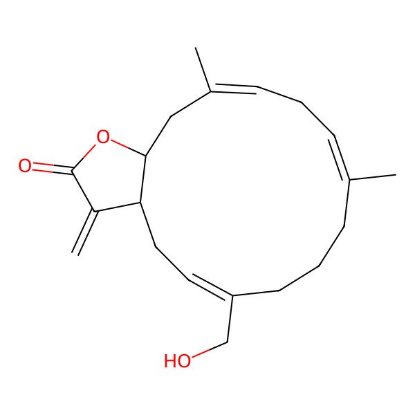 2D Structure of 6-(Hydroxymethyl)-10,14-dimethyl-3-methylidene-3a,4,7,8,9,12,15,15a-octahydrocyclotetradeca[b]furan-2-one
