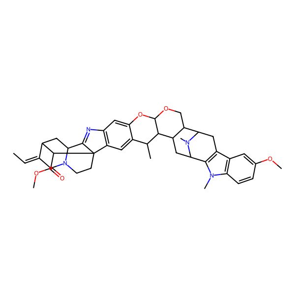 2D Structure of methyl (1S,2R,5S,12S,15E,24R,25R,26R,28S,40S)-15-ethylidene-34-methoxy-24,30,39-trimethyl-4,6-dioxa-10,17,30,39-tetrazaundecacyclo[26.10.1.114,20.02,26.05,25.07,23.09,21.011,20.012,17.029,37.031,36]tetraconta-7,9(21),10,22,29(37),31(36),32,34-octaene-40-carboxylate