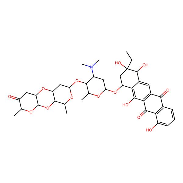 2D Structure of (9R)-7-[(4S)-4-(dimethylamino)-5-[[(10S)-5,14-dimethyl-6-oxo-2,4,9,13-tetraoxatricyclo[8.4.0.03,8]tetradecan-12-yl]oxy]-6-methyloxan-2-yl]oxy-9-ethyl-4,6,9,10-tetrahydroxy-8,10-dihydro-7H-tetracene-5,12-dione
