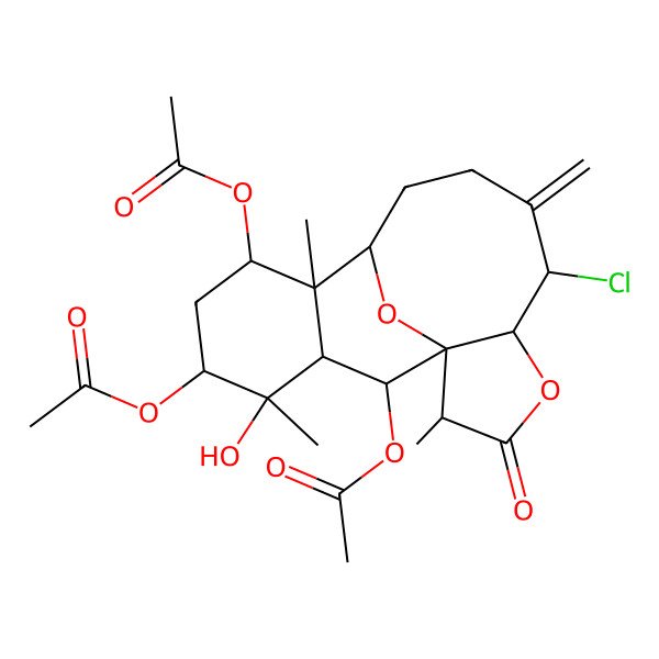 2D Structure of [(1R,2R,5R,6S,10S,11S,12S,14R,15S,16S,17R)-14,17-diacetyloxy-6-chloro-15-hydroxy-2,11,15-trimethyl-7-methylidene-3-oxo-4,18-dioxatetracyclo[8.7.1.01,5.011,16]octadecan-12-yl] acetate