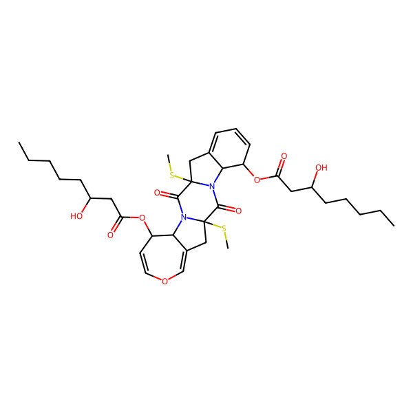 2D Structure of [15-(3-Hydroxyoctanoyloxy)-1,11-bis(methylsulfanyl)-2,12-dioxo-18-oxa-3,13-diazapentacyclo[11.8.0.03,11.04,9.014,20]henicosa-6,8,16,19-tetraen-5-yl] 3-hydroxyoctanoate
