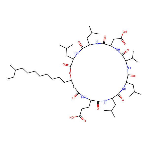 2D Structure of 3-[(3S,6R,9S,12S,15R,18S,21S,25R)-9-(carboxymethyl)-3,6,15,18-tetrakis(2-methylpropyl)-25-[(9S)-9-methylundecyl]-2,5,8,11,14,17,20,23-octaoxo-12-propan-2-yl-1-oxa-4,7,10,13,16,19,22-heptazacyclopentacos-21-yl]propanoic acid