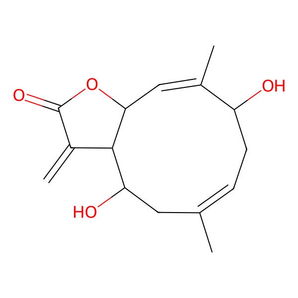 2D Structure of (3aS,4R,6Z,9S,10Z,11aS)-4,9-dihydroxy-6,10-dimethyl-3-methylidene-3a,4,5,8,9,11a-hexahydrocyclodeca[b]furan-2-one