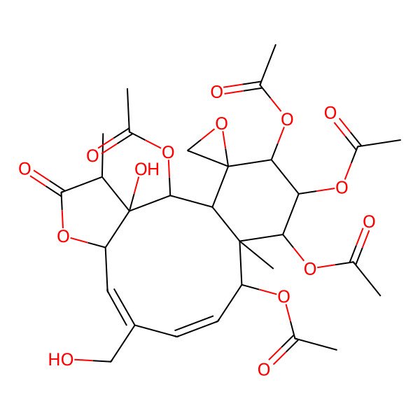 2D Structure of [(1S,2S,3S,4R,7S,8E,10E,12S,13S,14R,15R,16R,17R)-2,14,15,16-tetraacetyloxy-3-hydroxy-9-(hydroxymethyl)-4,13-dimethyl-5-oxospiro[6-oxatricyclo[11.4.0.03,7]heptadeca-8,10-diene-17,2'-oxirane]-12-yl] acetate