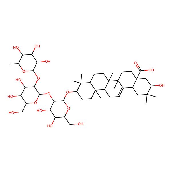 2D Structure of 10-[3-[4,5-Dihydroxy-6-(hydroxymethyl)-3-(3,4,5-trihydroxy-6-methyloxan-2-yl)oxyoxan-2-yl]oxy-4,5-dihydroxy-6-(hydroxymethyl)oxan-2-yl]oxy-3-hydroxy-2,2,6a,6b,9,9,12a-heptamethyl-1,3,4,5,6,6a,7,8,8a,10,11,12,13,14b-tetradecahydropicene-4a-carboxylic acid