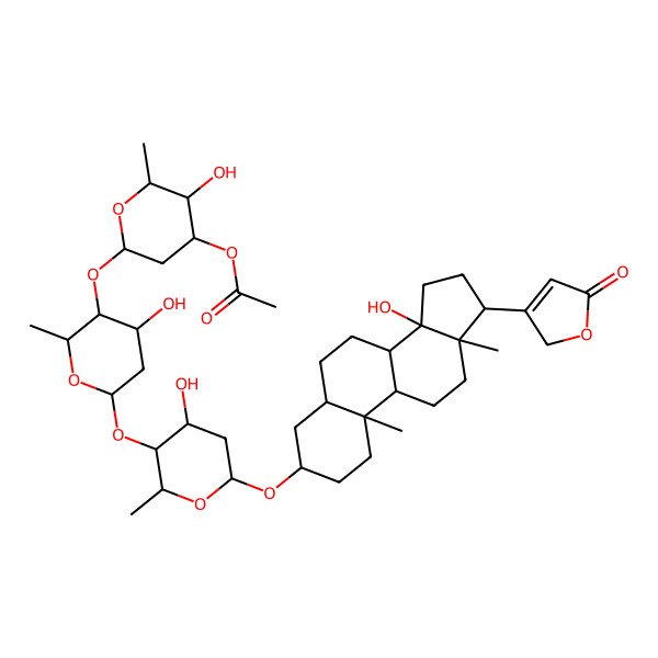 2D Structure of [(2R,3R,4S,6R)-3-hydroxy-6-[(2R,3S,4S,6R)-4-hydroxy-6-[(2R,3S,4S,6R)-4-hydroxy-6-[[(3S,5R,8S,9R,10S,13R,14S,17R)-14-hydroxy-10,13-dimethyl-17-(5-oxo-2H-furan-3-yl)-1,2,3,4,5,6,7,8,9,11,12,15,16,17-tetradecahydrocyclopenta[a]phenanthren-3-yl]oxy]-2-methyloxan-3-yl]oxy-2-methyloxan-3-yl]oxy-2-methyloxan-4-yl] acetate