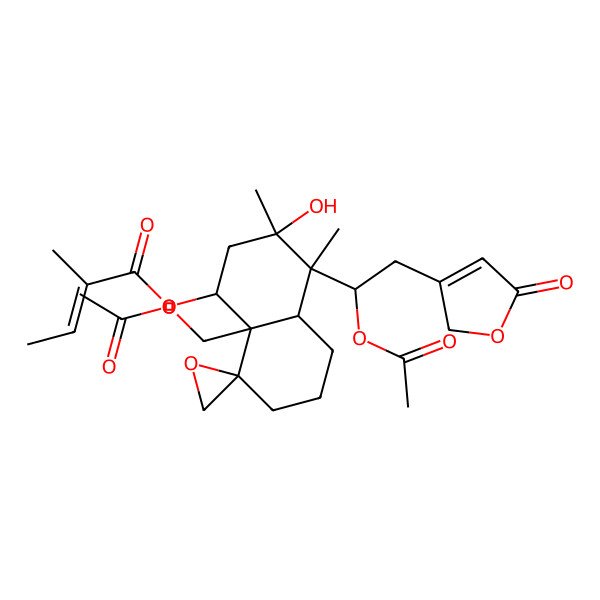 2D Structure of [8a-(acetyloxymethyl)-4-[1-acetyloxy-2-(5-oxo-2H-furan-3-yl)ethyl]-3-hydroxy-3,4-dimethylspiro[1,2,4a,5,6,7-hexahydronaphthalene-8,2'-oxirane]-1-yl] 2-methylbut-2-enoate
