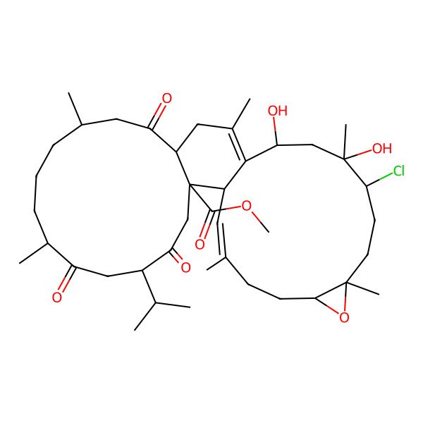 2D Structure of methyl (1S,2S,5R,8S,12S,15R,19S,21R,22R,25R,27S,30Z)-22-chloro-19,21-dihydroxy-8,12,17,21,25,30-hexamethyl-4,7,14-trioxo-5-propan-2-yl-26-oxatetracyclo[16.13.0.02,15.025,27]hentriaconta-17,30-diene-2-carboxylate