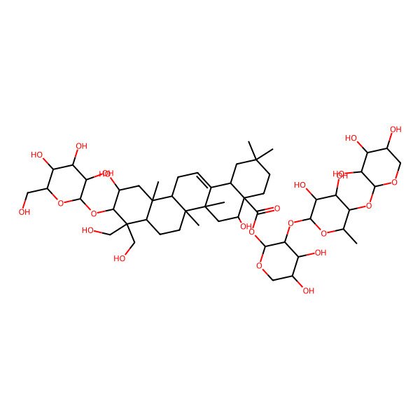 2D Structure of [3-[3,4-Dihydroxy-6-methyl-5-(3,4,5-trihydroxyoxan-2-yl)oxyoxan-2-yl]oxy-4,5-dihydroxyoxan-2-yl] 5,11-dihydroxy-9,9-bis(hydroxymethyl)-2,2,6a,6b,12a-pentamethyl-10-[3,4,5-trihydroxy-6-(hydroxymethyl)oxan-2-yl]oxy-1,3,4,5,6,6a,7,8,8a,10,11,12,13,14b-tetradecahydropicene-4a-carboxylate