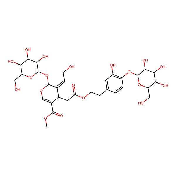 2D Structure of methyl (4S,5E,6S)-5-(2-hydroxyethylidene)-4-[2-[2-[3-hydroxy-4-[(2S,3R,4S,5S,6R)-3,4,5-trihydroxy-6-(hydroxymethyl)oxan-2-yl]oxyphenyl]ethoxy]-2-oxoethyl]-6-[(2S,3R,4S,5S,6R)-3,4,5-trihydroxy-6-(hydroxymethyl)oxan-2-yl]oxy-4H-pyran-3-carboxylate