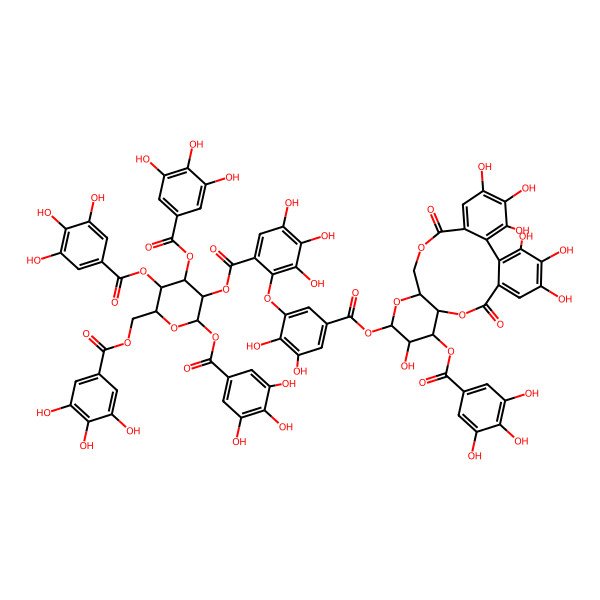 2D Structure of [(2S,4S,5R)-2,4,5-tris[(3,4,5-trihydroxybenzoyl)oxy]-6-[(3,4,5-trihydroxybenzoyl)oxymethyl]oxan-3-yl] 2-[5-[[(10R,11R,12S)-3,4,5,12,21,22,23-heptahydroxy-8,18-dioxo-11-(3,4,5-trihydroxybenzoyl)oxy-9,14,17-trioxatetracyclo[17.4.0.02,7.010,15]tricosa-1(23),2,4,6,19,21-hexaen-13-yl]oxycarbonyl]-2,3-dihydroxyphenoxy]-3,4,5-trihydroxybenzoate
