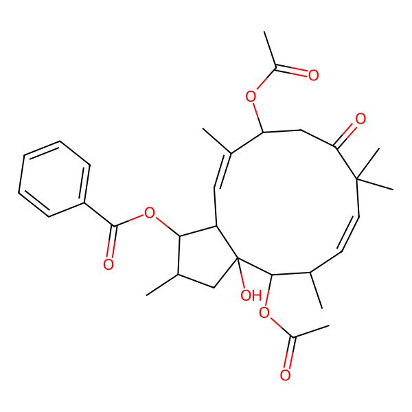 2D Structure of [(1S,2S,3aR,4S,5S,6E,11R,12E,13aS)-4,11-diacetyloxy-3a-hydroxy-2,5,8,8,12-pentamethyl-9-oxo-1,2,3,4,5,10,11,13a-octahydrocyclopenta[12]annulen-1-yl] benzoate