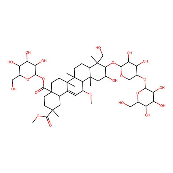 2D Structure of 2-O-methyl 4a-O-[(2S,3R,4S,5S,6R)-3,4,5-trihydroxy-6-(hydroxymethyl)oxan-2-yl] (2S,4aR,6aR,6aS,6bR,8aR,9R,10R,11S,12aS,13R,14bS)-10-[(2S,3R,4R,5R)-3,4-dihydroxy-5-[(2S,3R,4S,5S,6R)-3,4,5-trihydroxy-6-(hydroxymethyl)oxan-2-yl]oxyoxan-2-yl]oxy-11-hydroxy-9-(hydroxymethyl)-13-methoxy-2,6a,6b,9,12a-pentamethyl-1,3,4,5,6,6a,7,8,8a,10,11,12,13,14b-tetradecahydropicene-2,4a-dicarboxylate