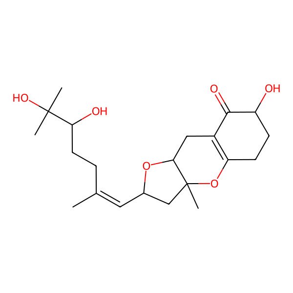 2D Structure of 2-(5,6-dihydroxy-2,6-dimethylhept-1-enyl)-7-hydroxy-3a-methyl-3,5,6,7,9,9a-hexahydro-2H-furo[3,2-b]chromen-8-one