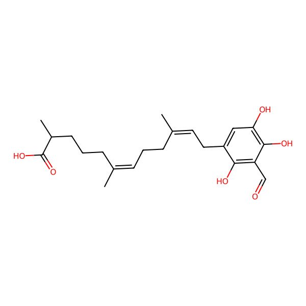 2D Structure of (6E,10E)-12-(3-formyl-2,4,5-trihydroxyphenyl)-2,6,10-trimethyldodeca-6,10-dienoic acid