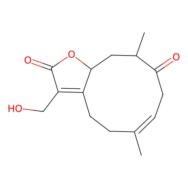 2D Structure of (6E,10R,11aR)-3-(hydroxymethyl)-6,10-dimethyl-4,5,8,10,11,11a-hexahydrocyclodeca[b]furan-2,9-dione