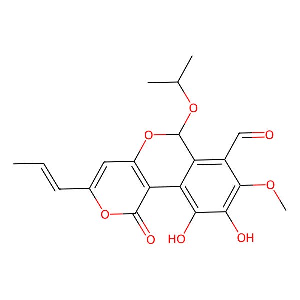 2D Structure of (6R)-9,10-dihydroxy-8-methoxy-1-oxo-6-propan-2-yloxy-3-[(E)-prop-1-enyl]-6H-pyrano[4,3-c]isochromene-7-carbaldehyde