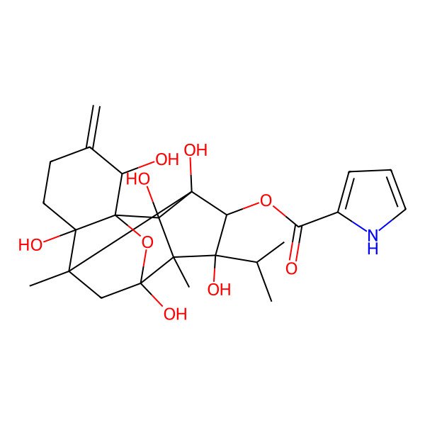2D Structure of [(1R,2S,6S,7S,9S,10S,11S,12R,13S,14R)-2,6,9,11,13,14-hexahydroxy-7,10-dimethyl-3-methylidene-11-propan-2-yl-15-oxapentacyclo[7.5.1.01,6.07,13.010,14]pentadecan-12-yl] 1H-pyrrole-2-carboxylate