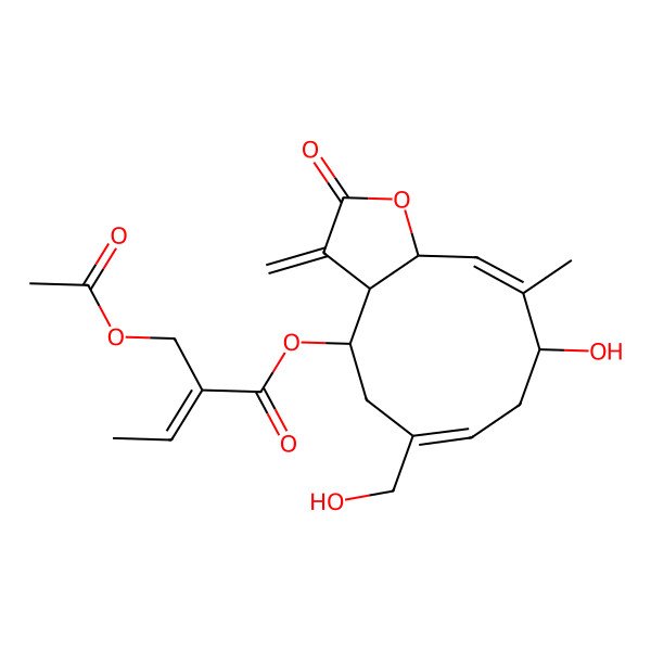2D Structure of [(3aR,4R,6Z,9R,10Z,11aS)-9-hydroxy-6-(hydroxymethyl)-10-methyl-3-methylidene-2-oxo-3a,4,5,8,9,11a-hexahydrocyclodeca[b]furan-4-yl] (E)-2-(acetyloxymethyl)but-2-enoate