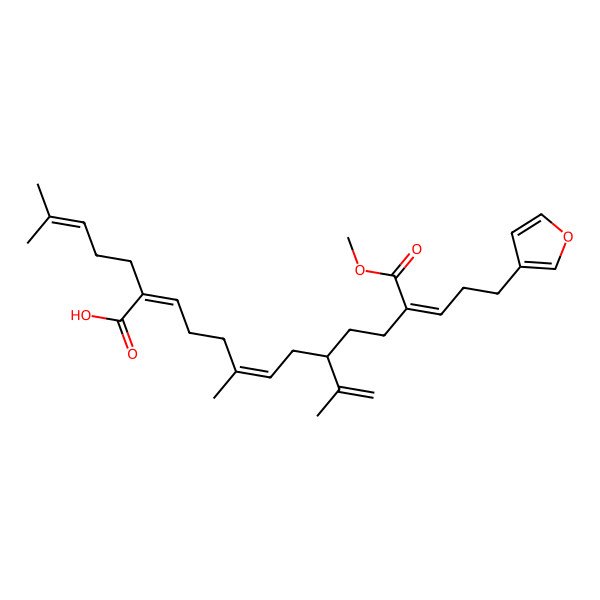 2D Structure of 15-(Furan-3-yl)-12-methoxycarbonyl-6-methyl-2-(4-methylpent-3-enyl)-9-prop-1-en-2-ylpentadeca-2,6,12-trienoic acid