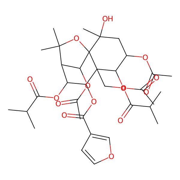 2D Structure of [(1S,2S,4S,5R,6S,7R,8R,9R,12R)-4,5,12-triacetyloxy-2-hydroxy-2,10,10-trimethyl-8-(2-methylpropanoyloxy)-6-(2-methylpropanoyloxymethyl)-11-oxatricyclo[7.2.1.01,6]dodecan-7-yl] furan-3-carboxylate