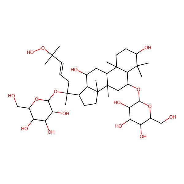 2D Structure of (2R,3R,4S,5S,6R)-2-[[(3S,5R,6S,8R,9R,10R,12R,13R,14R,17S)-17-[(E,2S)-6-hydroperoxy-6-methyl-2-[(2S,3R,4S,5S,6R)-3,4,5-trihydroxy-6-(hydroxymethyl)oxan-2-yl]oxyhept-4-en-2-yl]-3,12-dihydroxy-4,4,8,10,14-pentamethyl-2,3,5,6,7,9,11,12,13,15,16,17-dodecahydro-1H-cyclopenta[a]phenanthren-6-yl]oxy]-6-(hydroxymethyl)oxane-3,4,5-triol