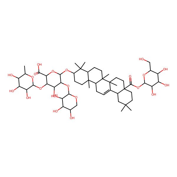2D Structure of (2S,3R,4S,5R,6R)-6-[[(3S,4aS,6aR,6bR,8aR,12aS,14aS,14bS)-4,4,6a,6b,11,11,14b-heptamethyl-8a-[(2R,3R,4R,5R,6R)-3,4,5-trihydroxy-6-(hydroxymethyl)oxan-2-yl]oxycarbonyl-1,2,3,4a,5,6,7,8,9,10,12,12a,14,14a-tetradecahydropicen-3-yl]oxy]-4-hydroxy-3-[(2S,3S,4R,5R,6S)-3,4,5-trihydroxy-6-methyloxan-2-yl]oxy-5-[(2R,3S,4S,5S)-3,4,5-trihydroxyoxan-2-yl]oxyoxane-2-carboxylic acid