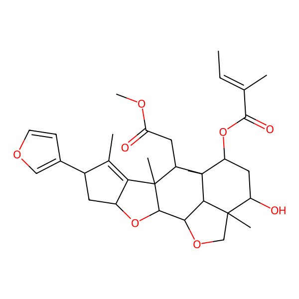 2D Structure of [(1R,2S,4R,6R,9R,10R,11R,12S,14R,15R,18R)-6-(furan-3-yl)-14-hydroxy-10-(2-methoxy-2-oxoethyl)-7,9,11,15-tetramethyl-3,17-dioxapentacyclo[9.6.1.02,9.04,8.015,18]octadec-7-en-12-yl] (Z)-2-methylbut-2-enoate