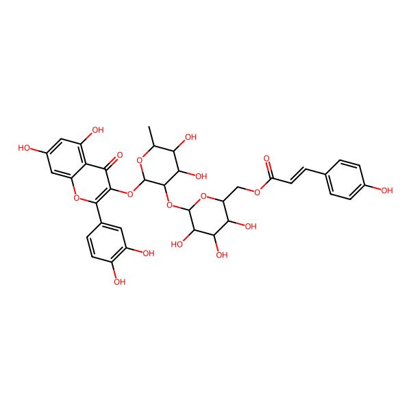 2D Structure of [(2R,3R,4R,5R,6R)-6-[(2S,3R,4S,5R,6R)-2-[2-(3,4-dihydroxyphenyl)-5,7-dihydroxy-4-oxochromen-3-yl]oxy-4,5-dihydroxy-6-methyloxan-3-yl]oxy-3,4,5-trihydroxyoxan-2-yl]methyl (E)-3-(4-hydroxyphenyl)prop-2-enoate